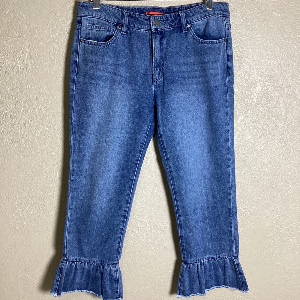 Chelsea & Violet Ruffle Hem Cropped Jeans Medium Wash Blue Raw Edge Size 29